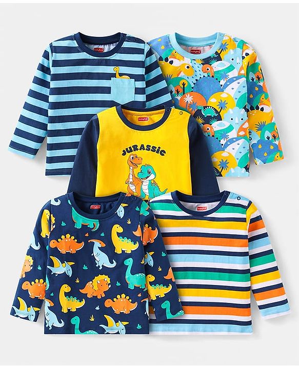 Babyhug Cotton Knit Full Sleeves T-Shirts with Dino Print & Stripes Pack of 5 - Multicolor