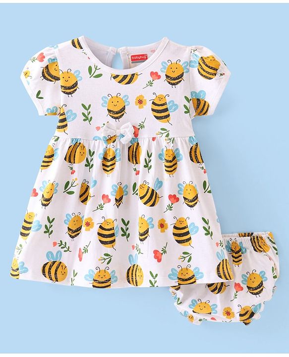 Babyhug 100% Cotton Knit Short Sleeves Frock With Penguin Print Pack Of 3 - Pink Peach & Blue