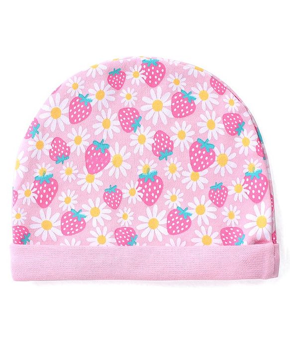 Babyhug 100% Cotton Knit Floral Printed  Cap Mittens & Booties Set - Pink