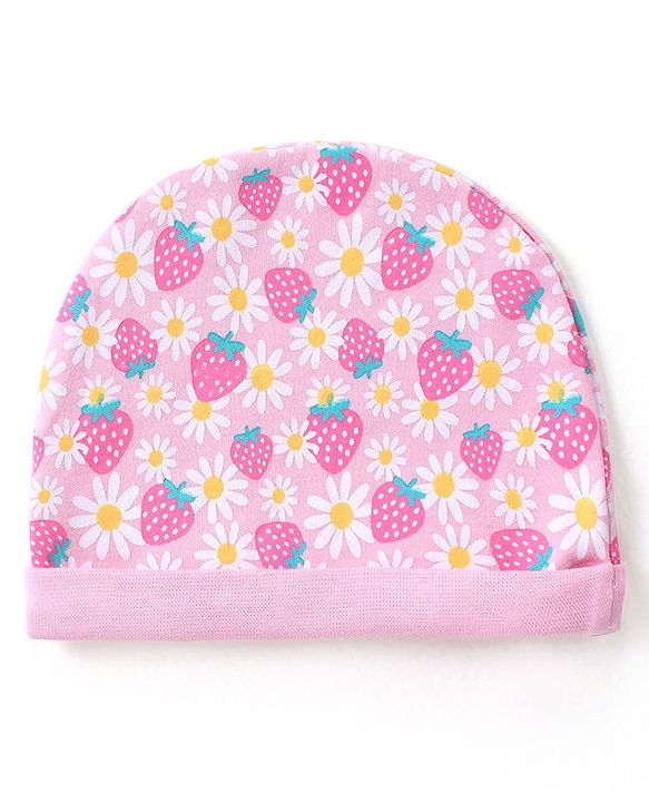 Babyhug 100% Cotton Knit Floral Printed  Cap Mittens & Booties Set - Pink