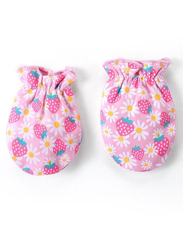 Babyhug 100% Cotton Knit Floral Printed  Cap Mittens & Booties Set - Pink
