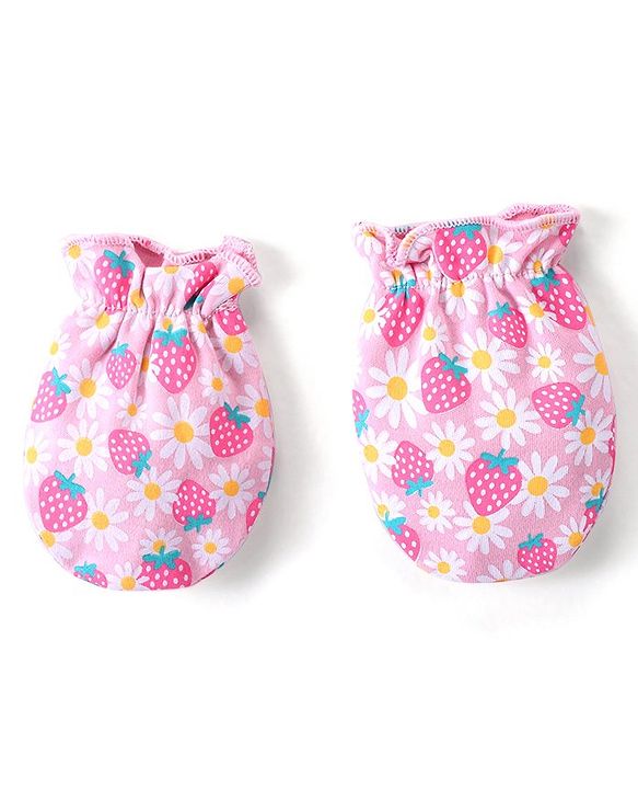 Babyhug 100% Cotton Knit Floral Printed  Cap Mittens & Booties Set - Pink
