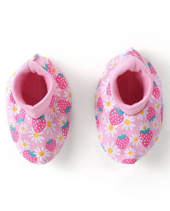 Babyhug 100% Cotton Knit Floral Printed  Cap Mittens & Booties Set - Pink