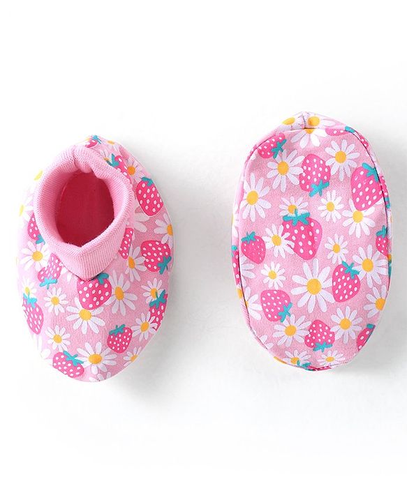 Babyhug 100% Cotton Knit Floral Printed  Cap Mittens & Booties Set - Pink
