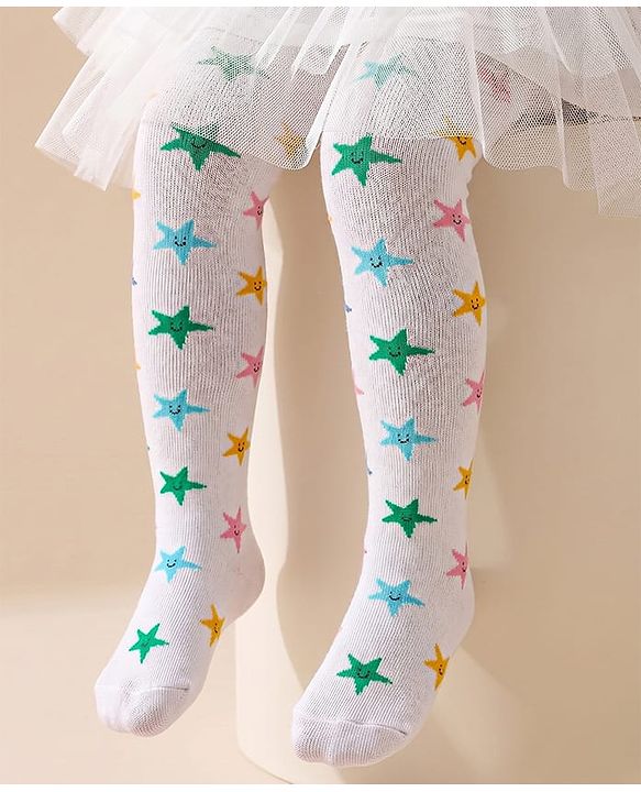 Cute Walk by Babyhug Knit Antibacterial Footed Tights Star Design - White