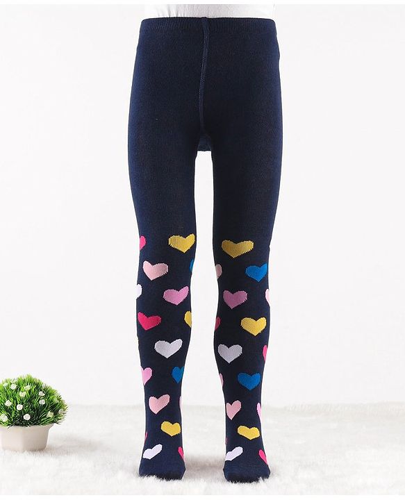 Cute Walk by Babyhug Knit Antibacterial Footed Tights Hearts Design - Navy Blue