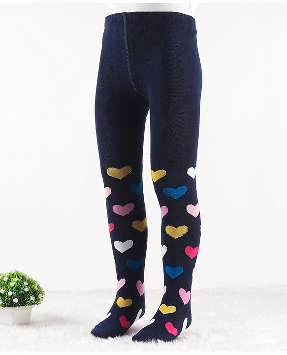 Cute Walk by Babyhug Knit Antibacterial Footed Tights Hearts Design - Navy Blue