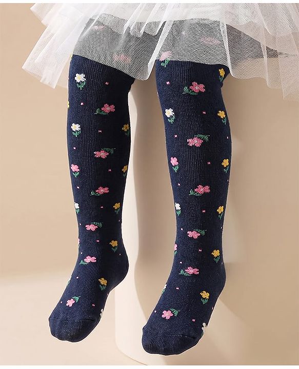 Cute Walk by Babyhug Antibacterial Footie Tights with Floral Design - Navy Blue