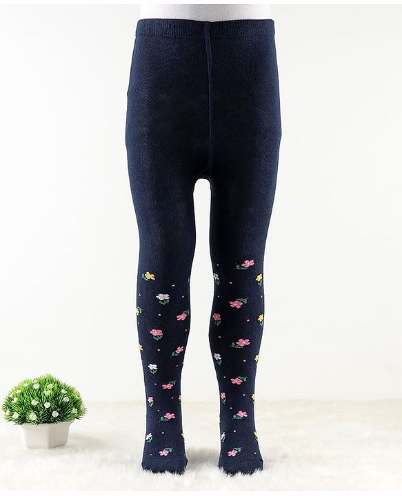 Cute Walk by Babyhug Antibacterial Footie Tights with Floral Design - Navy Blue