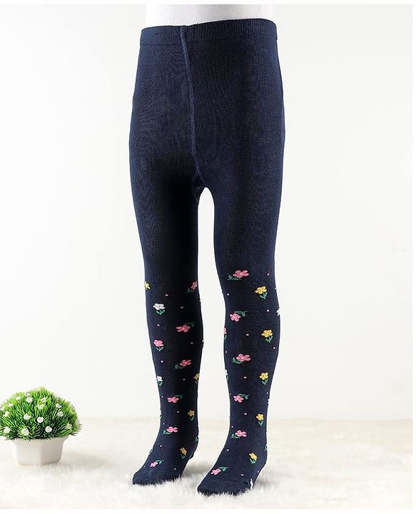 Cute Walk by Babyhug Antibacterial Footie Tights with Floral Design - Navy Blue