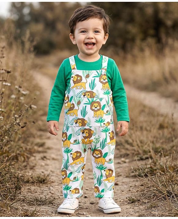 Babyhug Single Jersey Knit Full Length Dungaree with Full Sleeves T-Shirt Text & Animal Print - Sea Green