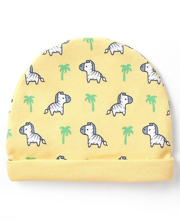 Babyhug 100% Cotton Knit Zebra Printed  Cap Mittens & Booties Set - Yellow