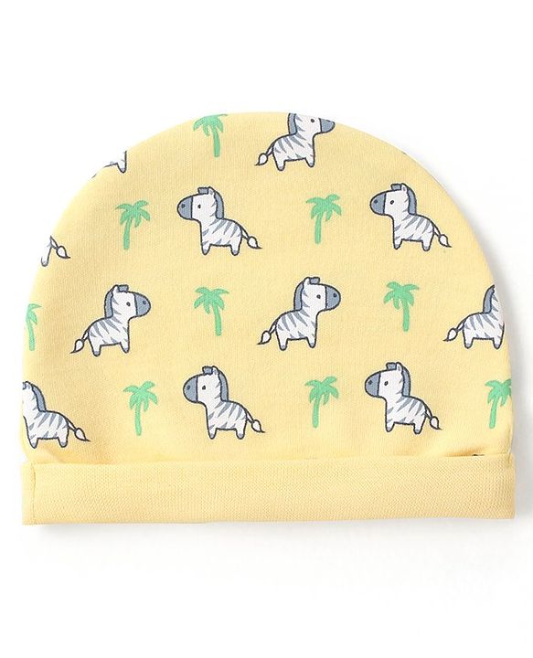 Babyhug 100% Cotton Knit Zebra Printed  Cap Mittens & Booties Set - Yellow
