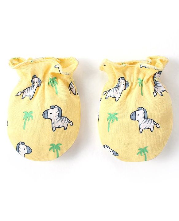 Babyhug 100% Cotton Knit Zebra Printed  Cap Mittens & Booties Set - Yellow