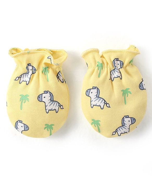Babyhug 100% Cotton Knit Zebra Printed  Cap Mittens & Booties Set - Yellow