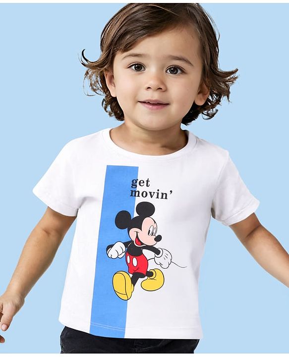 Babyhug Disney Single Jersey Knit Half Sleeves T-Shirt with Micky Mouse Print - White