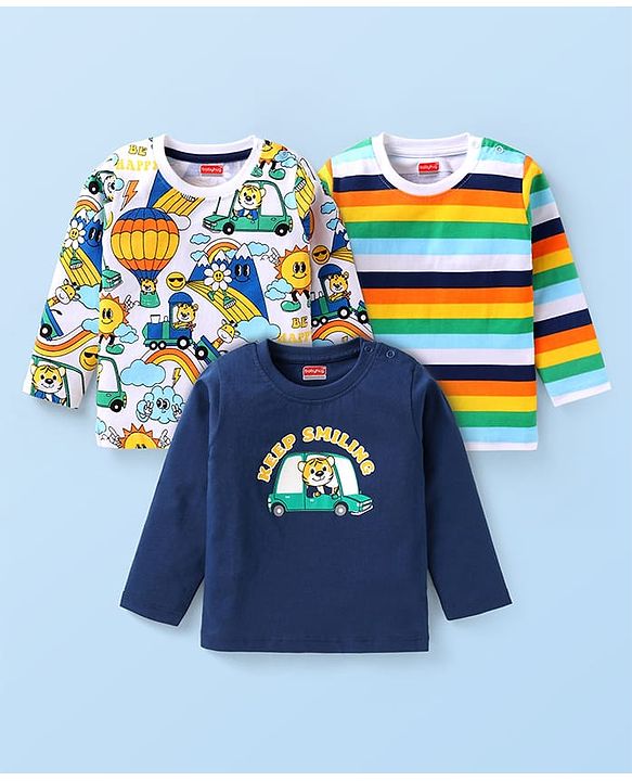 Babyhug Cotton Knit Full Sleeves T-Shirt with Stripes & Animal Graphics Pack of 3 - Navy Blue White
