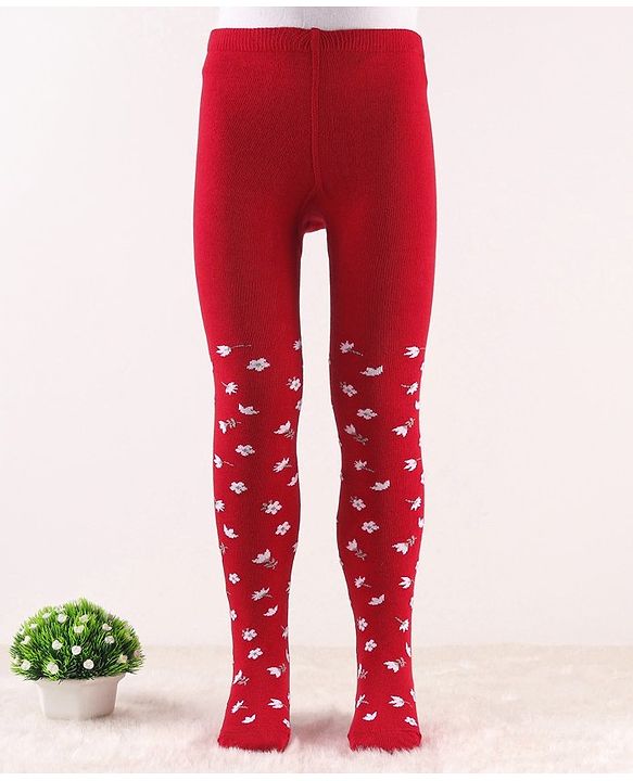 Cute Walk by Babyhug Knit Antibacterial Footed Tights Floral Design - Red