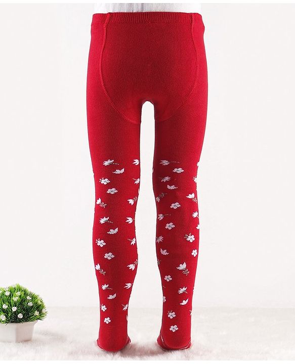 Cute Walk by Babyhug Knit Antibacterial Footed Tights Floral Design - Red