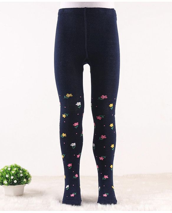 Cute Walk by Babyhug Knit Antibacterial Footed Tights Floral Design - Navy Blue