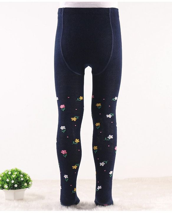 Cute Walk by Babyhug Knit Antibacterial Footed Tights Floral Design - Navy Blue