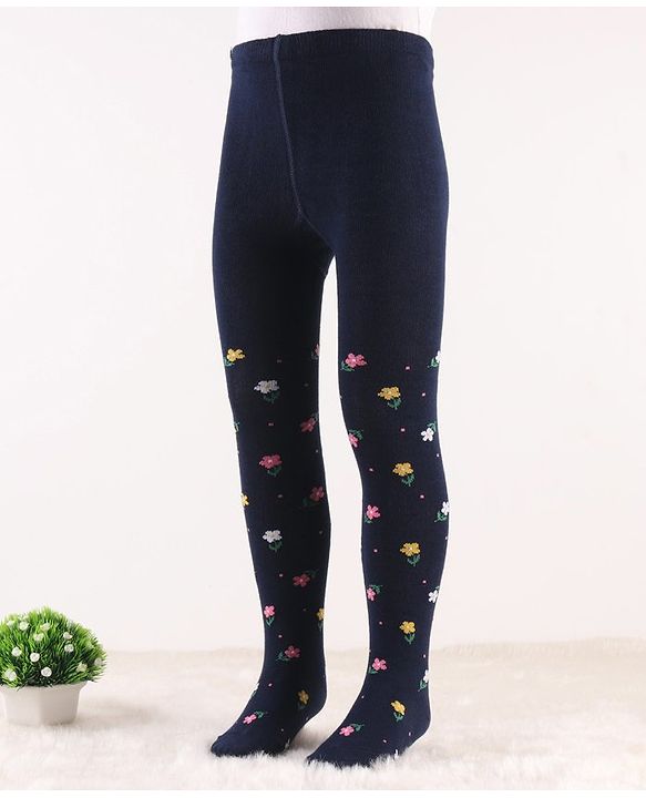 Cute Walk by Babyhug Knit Antibacterial Footed Tights Floral Design - Navy Blue