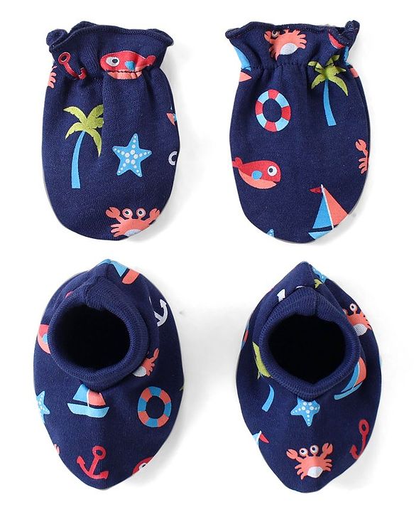 Babyhug 100% Cotton Interlock Knit Beach Theme Printed Mittens & Booties Set - Navy