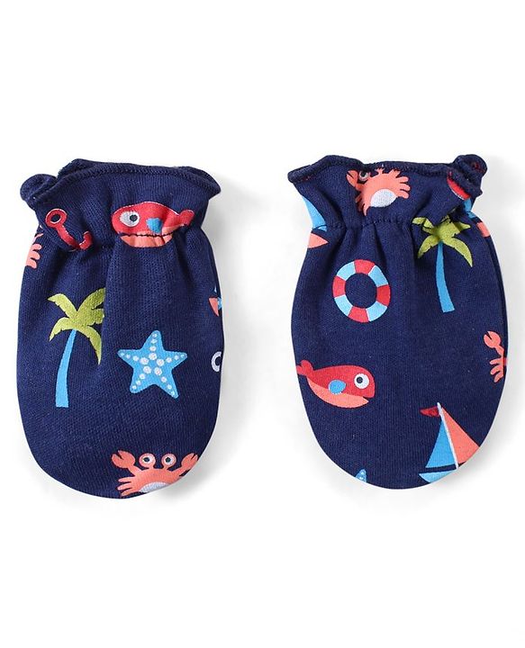 Babyhug 100% Cotton Interlock Knit Beach Theme Printed Mittens & Booties Set - Navy