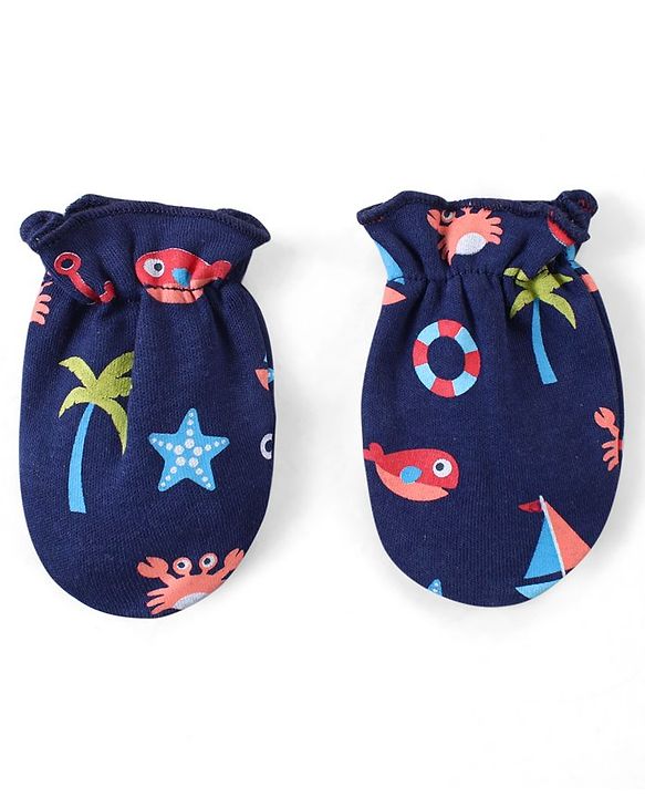 Babyhug 100% Cotton Interlock Knit Beach Theme Printed Mittens & Booties Set - Navy