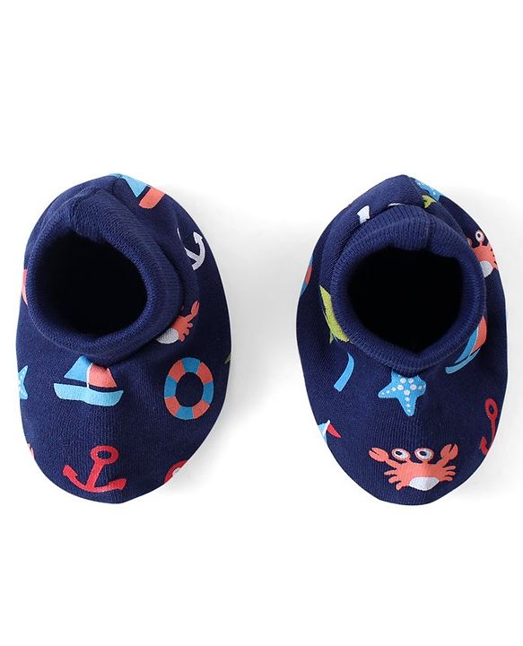 Babyhug 100% Cotton Interlock Knit Beach Theme Printed Mittens & Booties Set - Navy