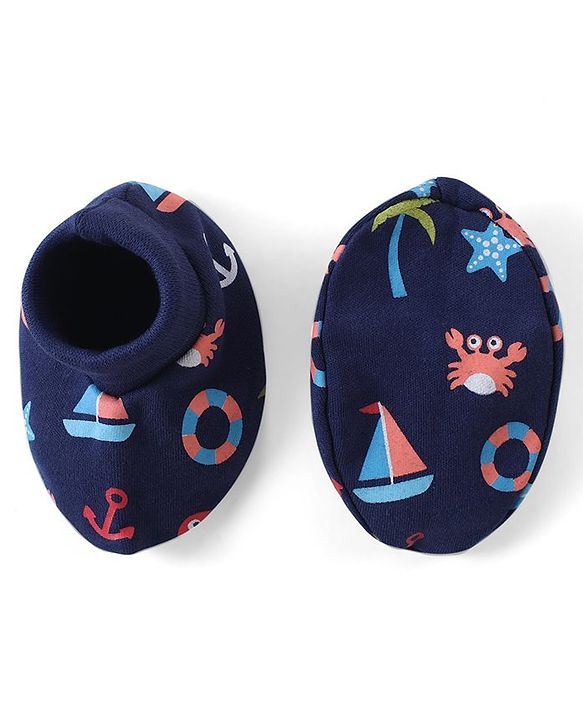 Babyhug 100% Cotton Interlock Knit Beach Theme Printed Mittens & Booties Set - Navy