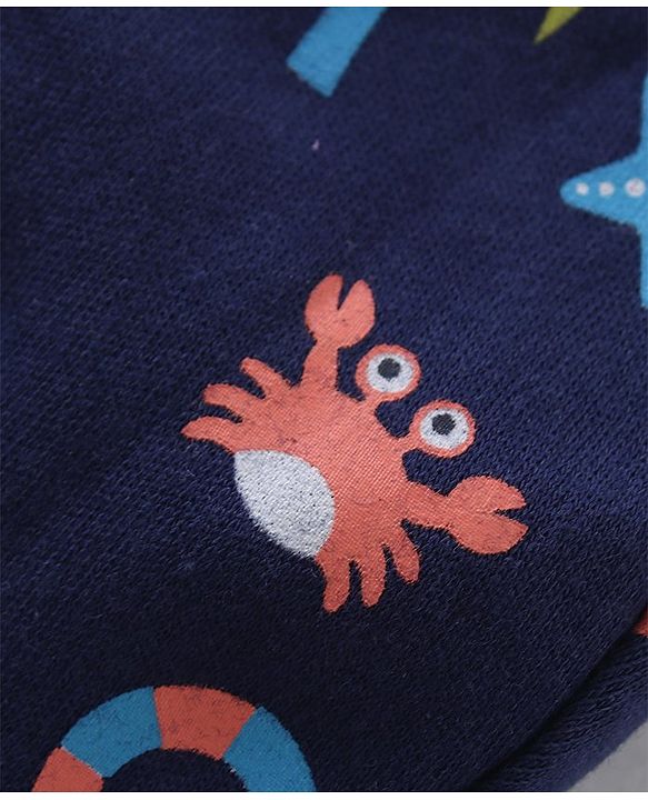 Babyhug 100% Cotton Interlock Knit Beach Theme Printed Mittens & Booties Set - Navy