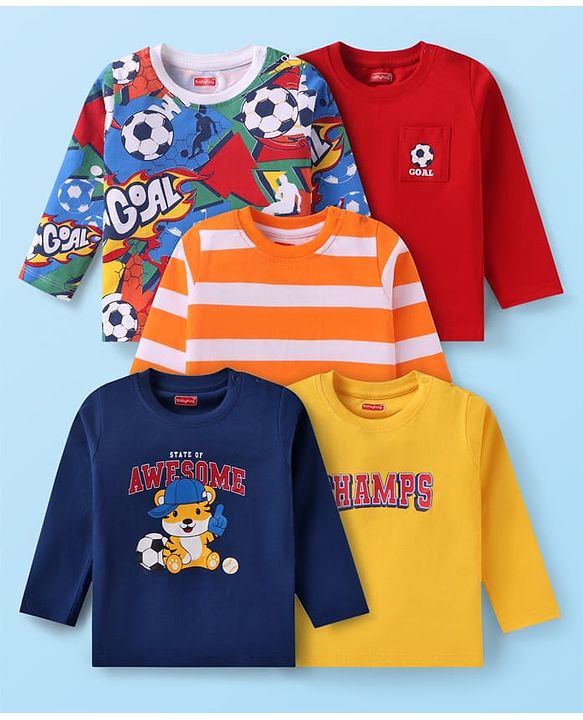 Babyhug Cotton Knit Full Sleeves T-Shirts with Sport Theme Print & Stripes Pack of 5 - Navy Blue Red & Yellow