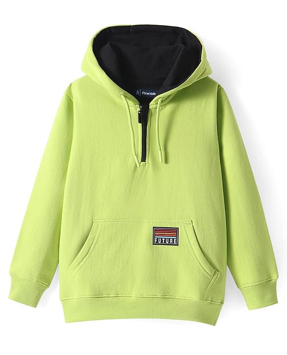 Pine Kids Cotton Knit Full Sleeves Text Printed Hooded Sweatshirt with Kangaroo Pockets - Light Green