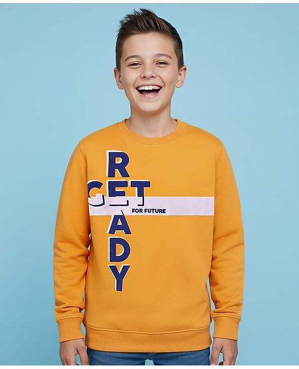 Pine Kids Cotton Knit Full Sleeves Pullover Sweatshirt with Text Print - Mustard