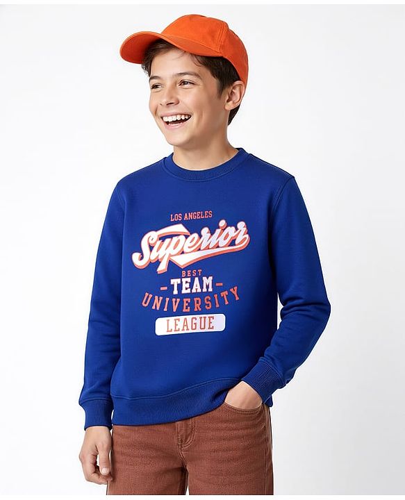 Pine Kids Cotton Knit Full Sleeves Sweatshirt With Text Print - Blue