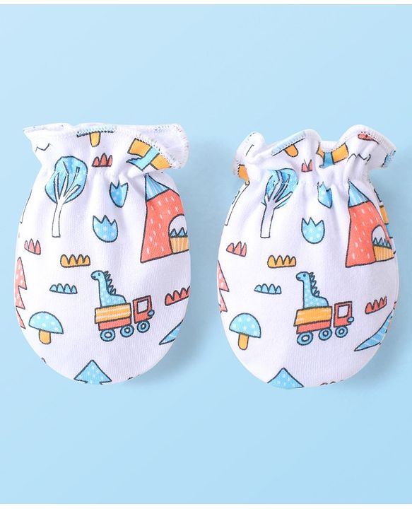 Babyhug 100% Cotton Interlock Knit Dino Printed Mittens & Booties Set - White