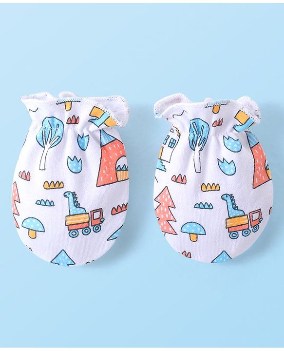 Babyhug 100% Cotton Interlock Knit Dino Printed Mittens & Booties Set - White