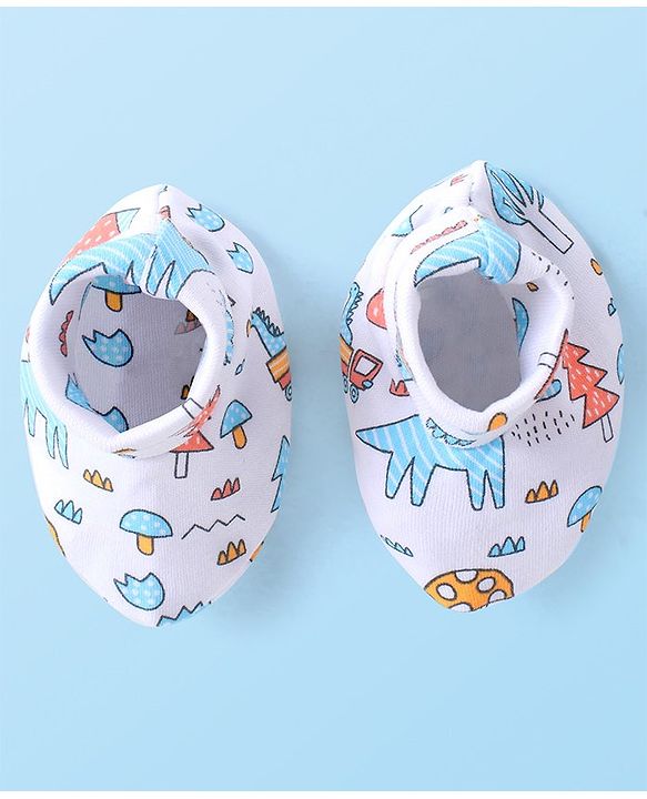 Babyhug 100% Cotton Interlock Knit Dino Printed Mittens & Booties Set - White
