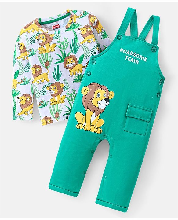 Babyhug Single Jersey Knit Half Sleeves Abstract Printed T-Shirt With Dungaree Set - Multicolour main image 1
