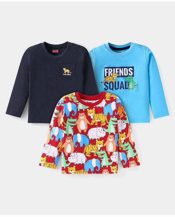 Babyhug Cotton Knit Full Sleeves T-Shirts With Animal Print Pack of 3 - Red Navy & Light Blue