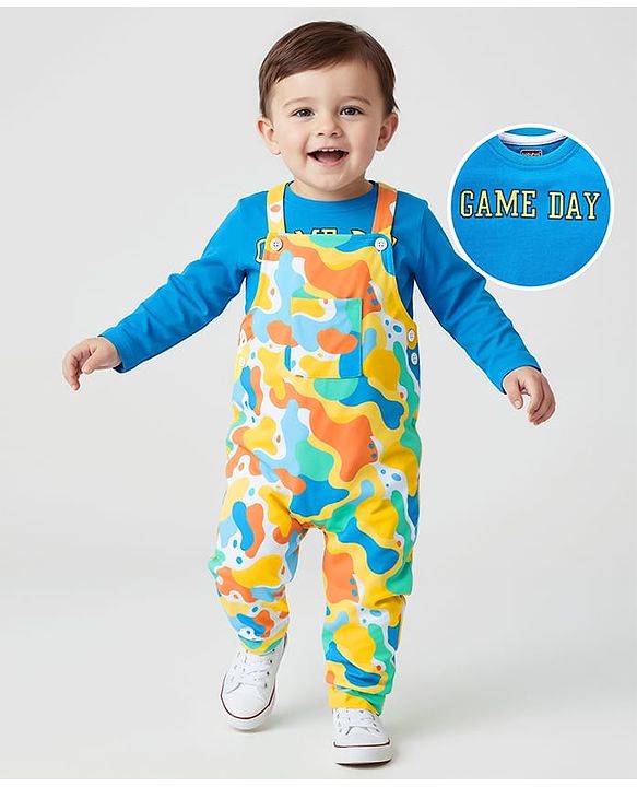 Babyhug Single Jersey Knit Full Sleeves T-Shirt & Dungaree with Text & Abstract Print - Blue