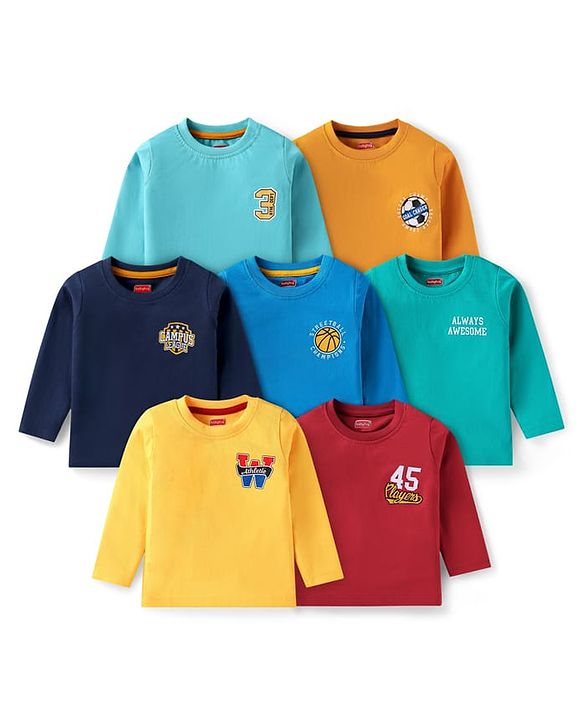 Babyhug Cotton Knit Full Sleeves T-Shirts With Text Print Pack of 7 - Navy Blue Red & Green