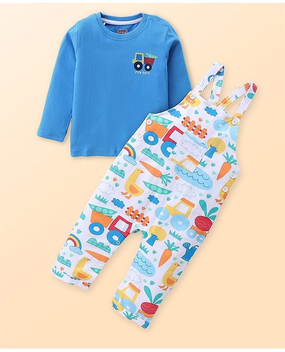 Babyhug Single Jersey Knit Dungaree and Full Sleeves Solid Color T-Shirt Set Garden Theme Print - Blue & White