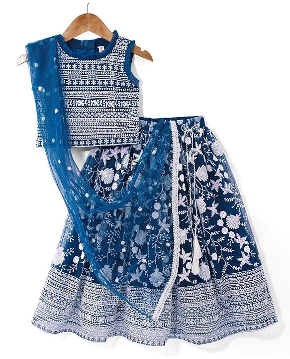 Babyhug Woven Sleeveless Choli Lehenga & Dupatta Set With Sequin & Embroidery Detailing - Teal Blue