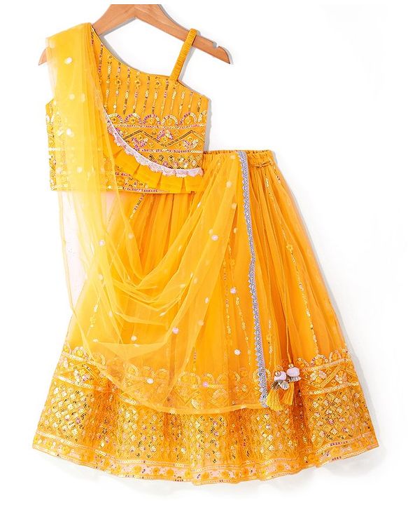 Babyhug Woven Half Puffed Sleeves Choli Lehenga Set with Dupatta Floral Embroidery & Sequin Detailing - Fuchsia main image 0