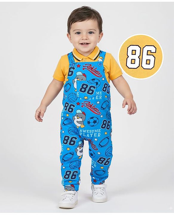 Babyhug Single Jersey Knit Dungaree and Half Sleeves Polo T-Shirt Penguin Print - Yellow & Blue