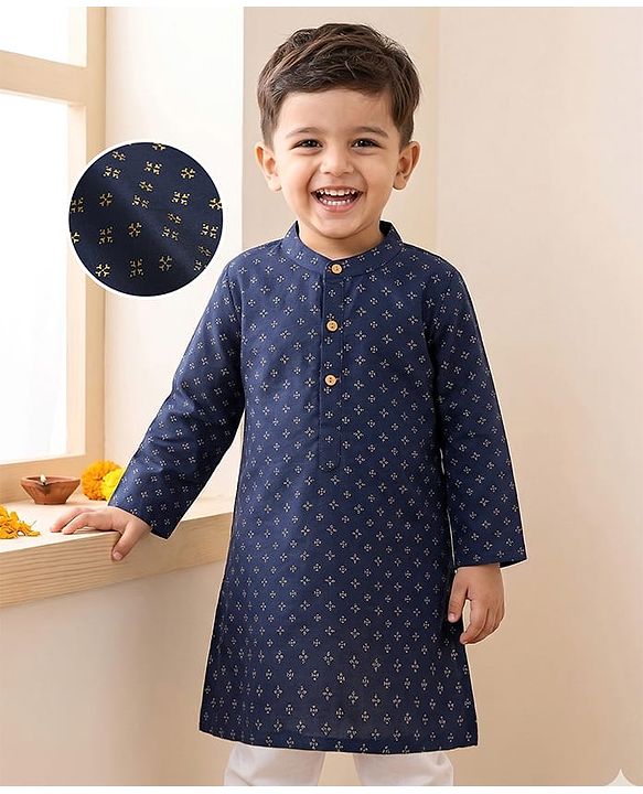 Babyhug Cotton Woven Full Sleeves Printed Kurta - Navy Blue