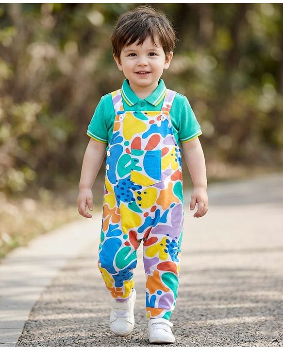 Babyhug Single Jersey Knit Dungaree and Half Sleeves Solid Color T-Shirt Set - Green Blue & White