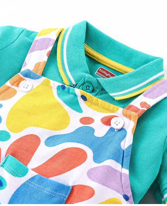 Babyhug Single Jersey Knit Dungaree and Half Sleeves Solid Color T-Shirt Set - Green Blue & White